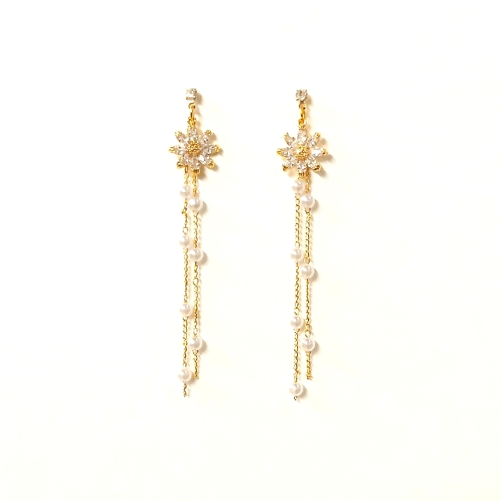 Gold Plated Cubic Zirconia Sunflower & Faux Pearl Dangle Post Earrings